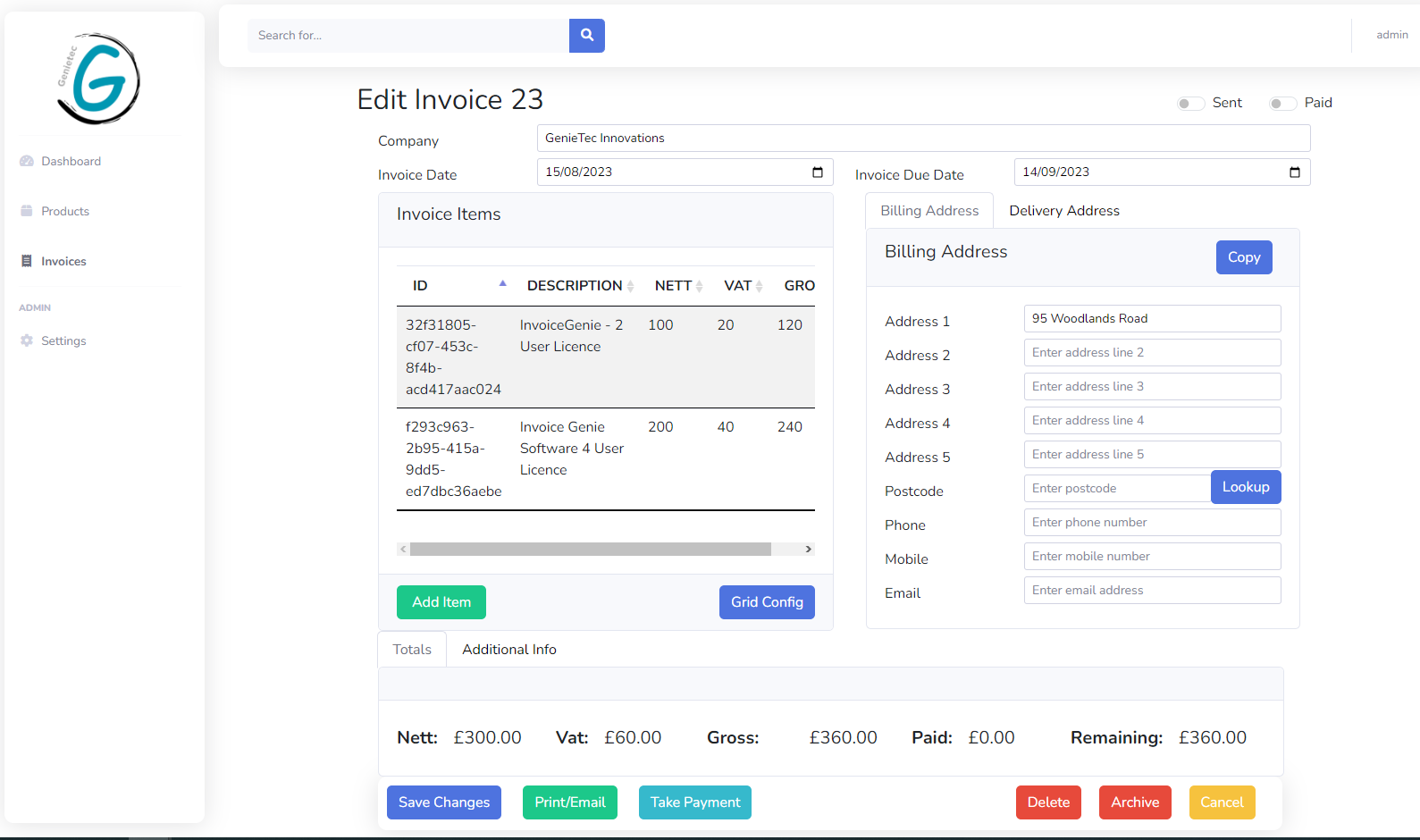 Invoice Genie Example Editing Invoice