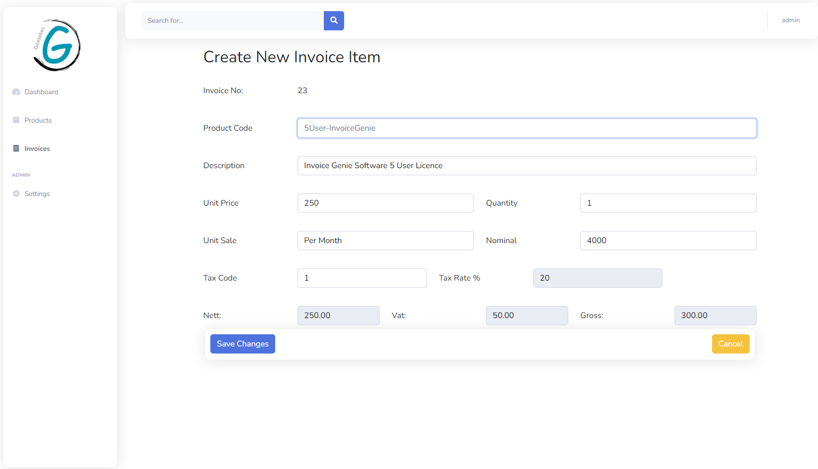 Invoice Genie Example Creating Invoice Item