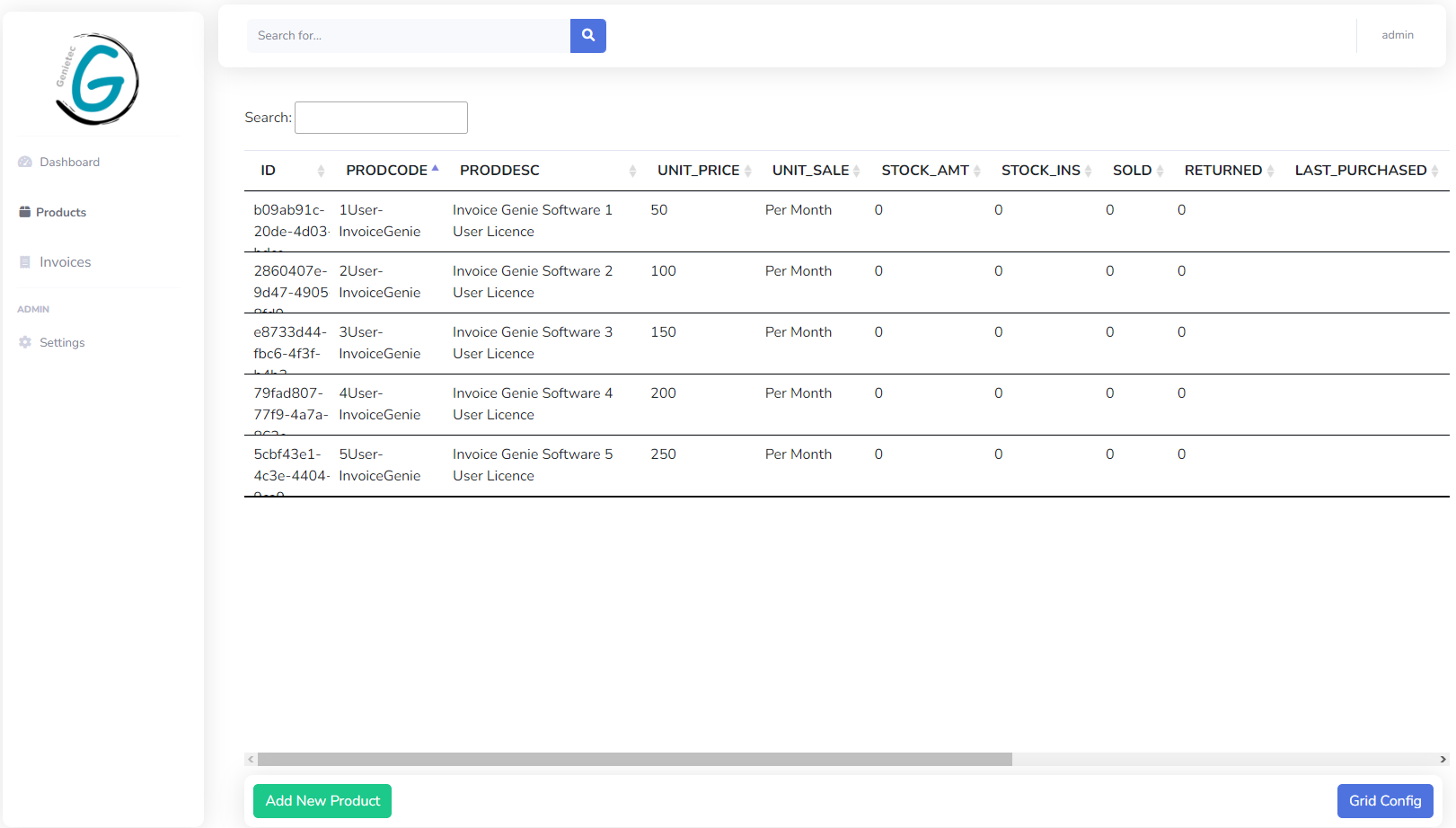 Invoice Genie Example Products Summary